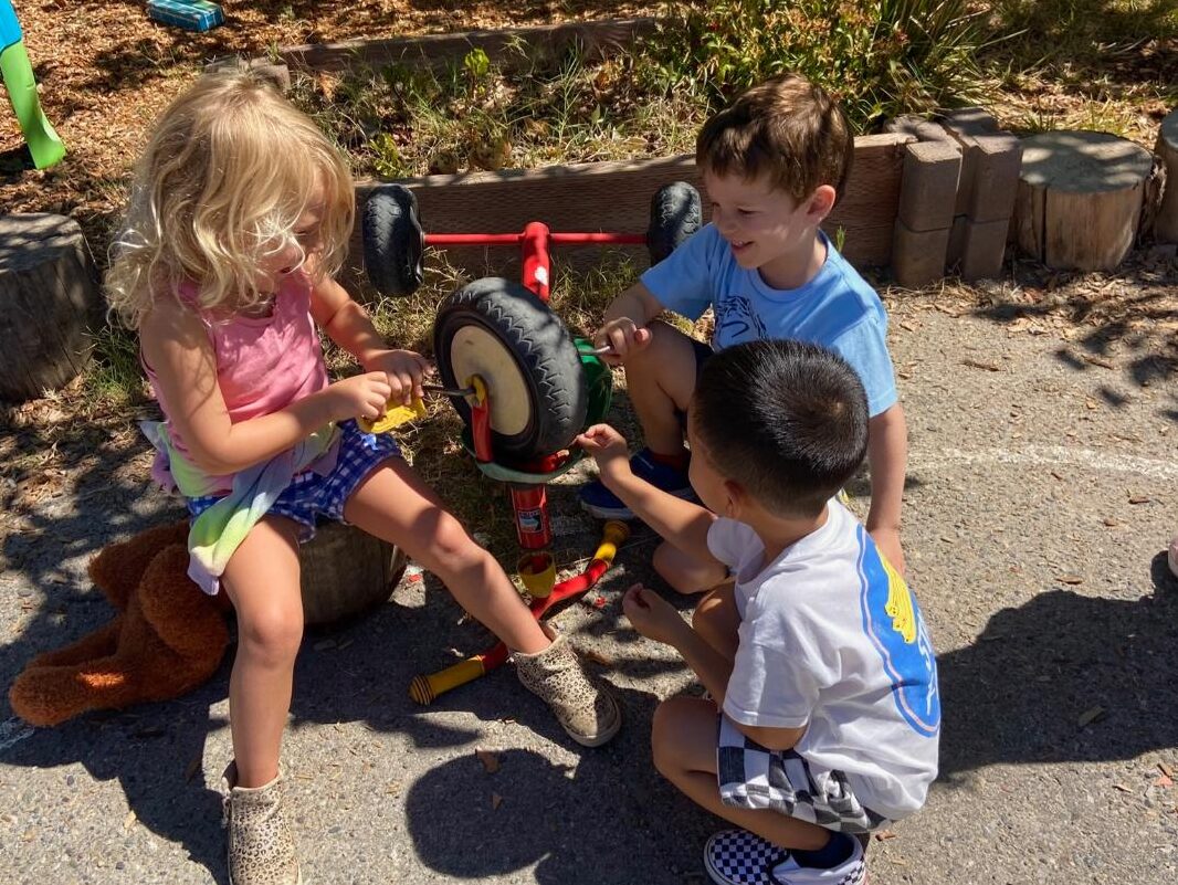 Three children working together on a trike