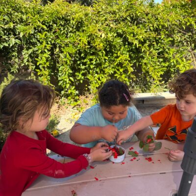Children working on a nature craft together at the outdoor table